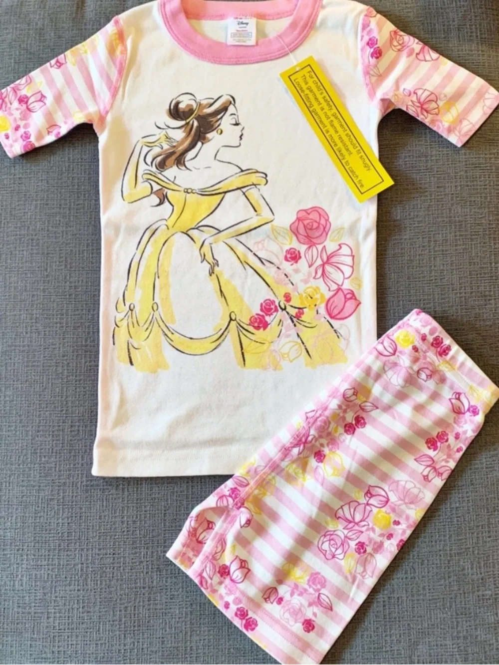 Hanna Andersson Disney Belle Graphic Pink, Yellow & White Short Sleeve Pajamas